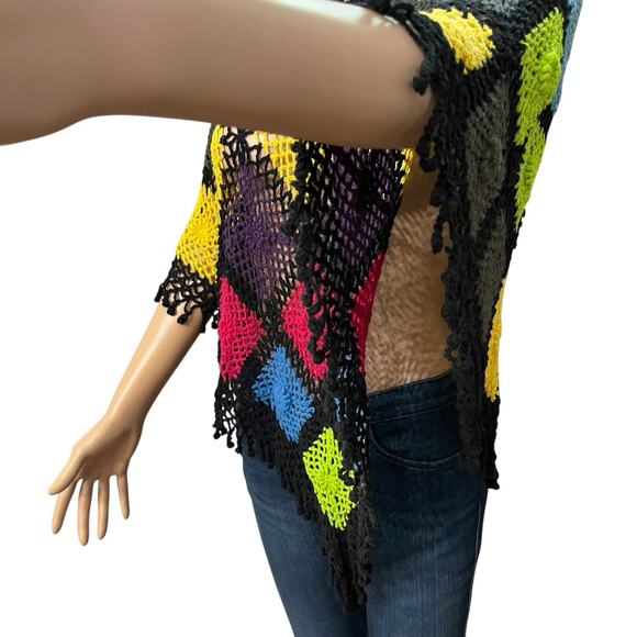 Handmade Granny Square Poncho Small Colorful Pullover Crochet Retro Boho Hippie - Picture 3 of 5
